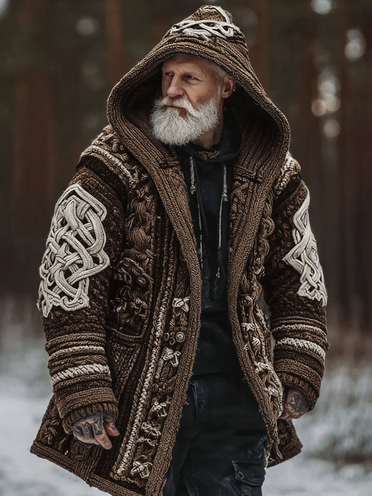 Men's Viking Celtic Geometry Pattern Art Cozy Knit Hooded Cardigan artswardrobe