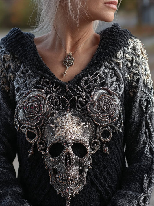 Comstylish Elegant Skull & Roses Beaded Hooded Cozy Knit Sweater