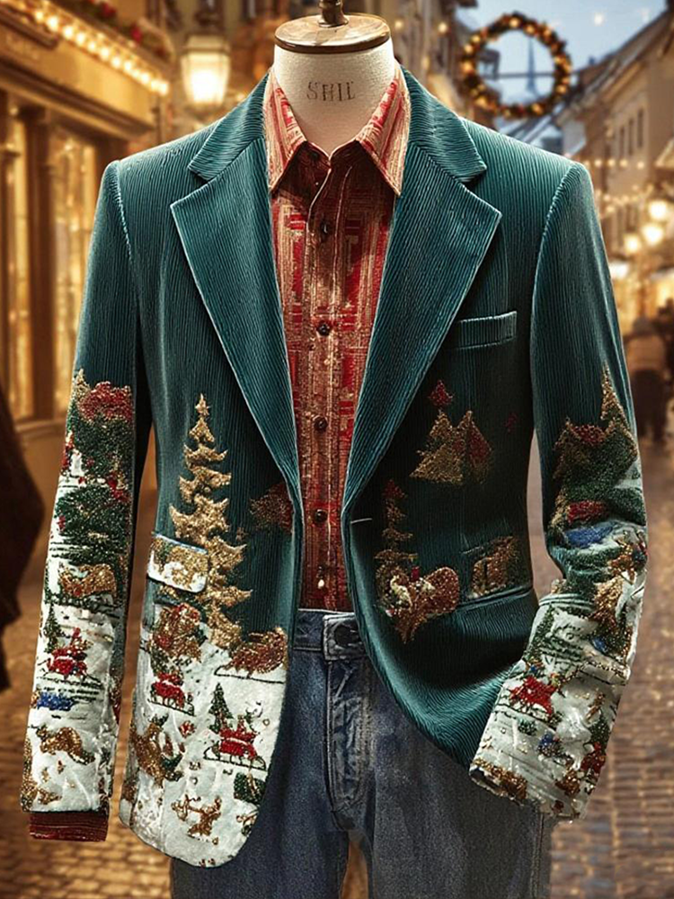 Comstylish Men's Retro Christmas Element Design Corduroy Suit Coat