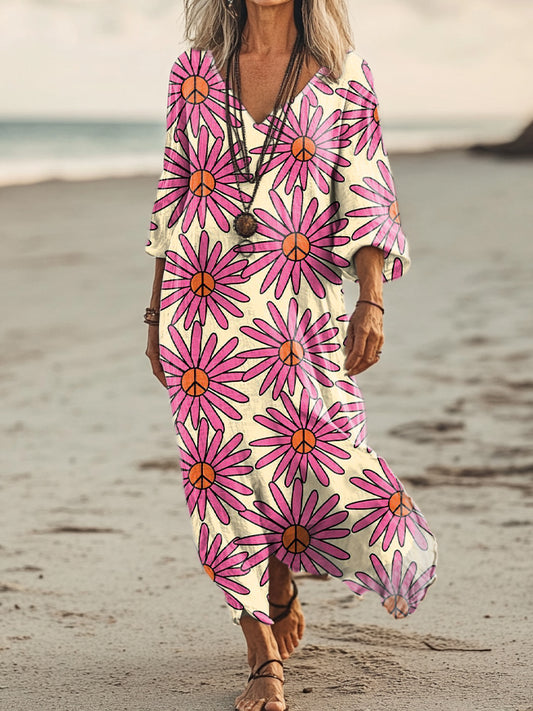 Women's Hippie Floral Art Print Pocket Cotton Dress