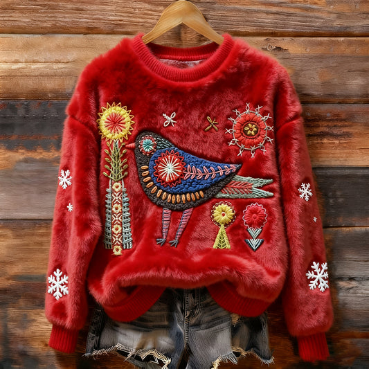Women's Vintage Plush Folk Snowflake And Bird Pattern Christmas Pullover