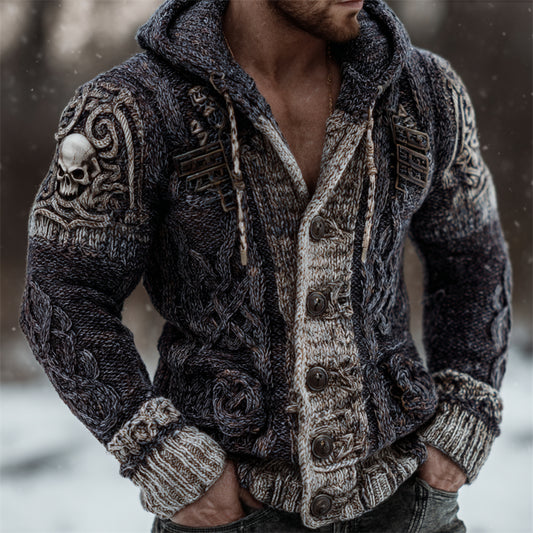 Men's Skulls Viking Celtic Knot Chunky Cozy Hooded Cardigan artswardrobe