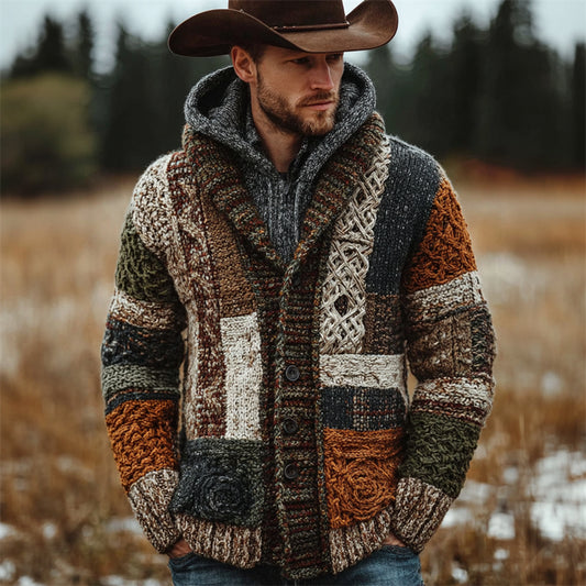 Men's Vintage Western Plaid Colorblock Cozy Knit Cardigan artswardrobe
