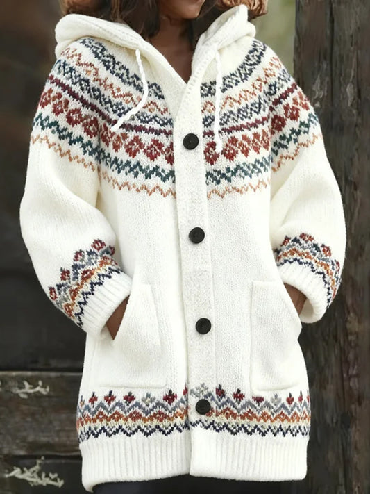 Winter Fel Island Patterned Thick Cardigan Hooded Sweater