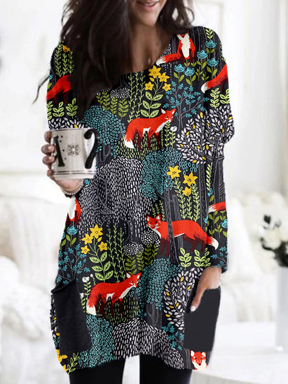 Fox in the Forest Graphic Comfy Patch Pocket Tunic artswardrobe
