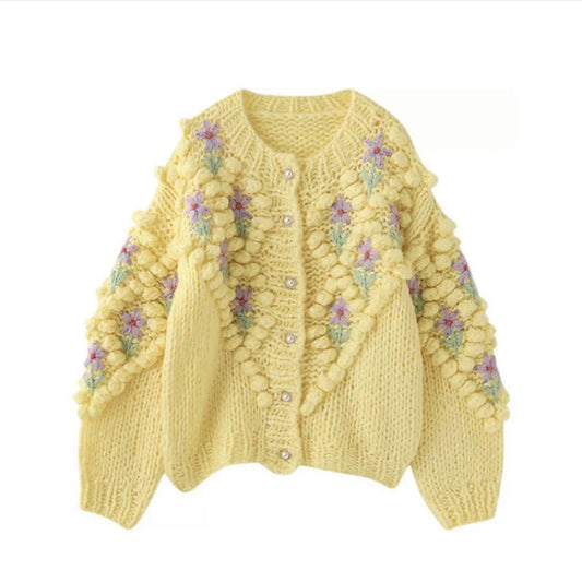 Women's Vintage Bohemian Floral Embroidery Art Aran Sweater Cardigan elevenforest