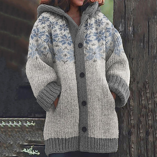 Rib Knit Double Lettlopi And Star Pattern Print Hooded Sweater Cardigan elevenforest