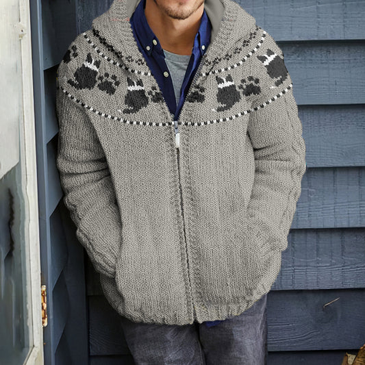 Mens Vintage Border Collie & Paw Knitted Hooded Cardigan elevenforest