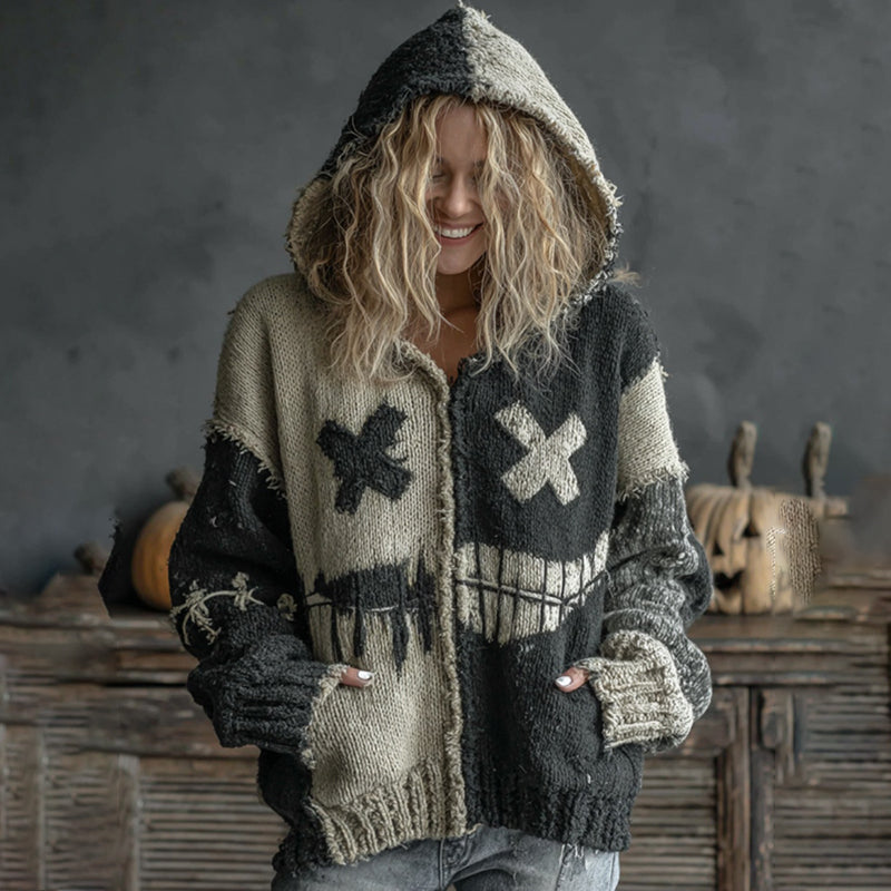 Halloween Spooky Face Patchwork Art Cozy Knit Hooded Cardigan elevenforest