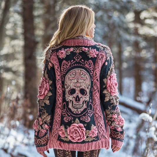 Boho Skull & Floral Art Women's Knit Cardigan artswardrobe