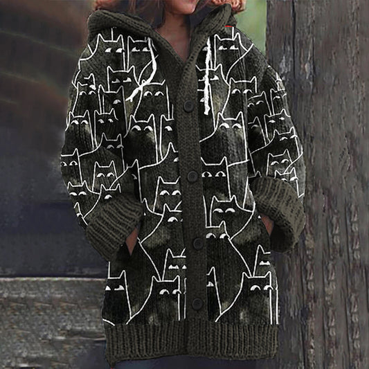 Black Cats World Pattern Cozy Cardigan Sweater elevenforest