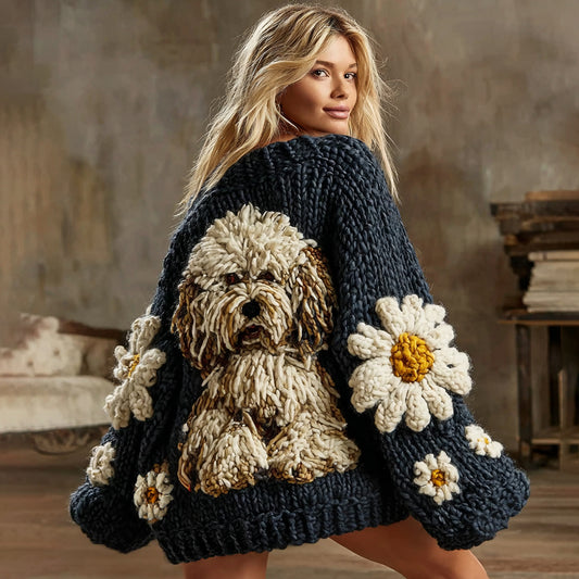 Comstylish Classic Old English Sheepdog With Daisy Floral Art Inspired Embroidered Cozy Knit Sweater Cardigan