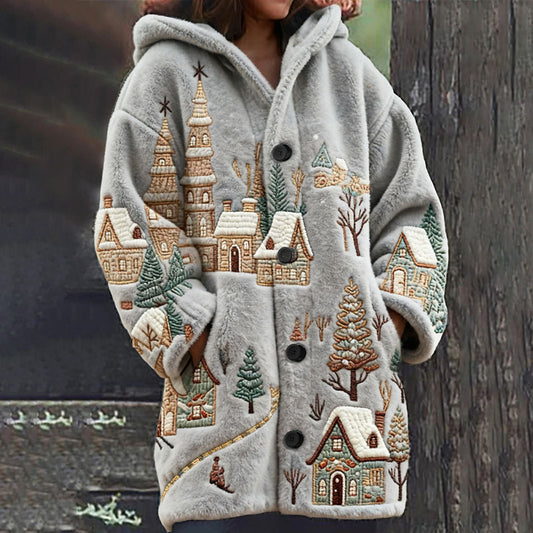 Christmas Snow Valley Embroidered Women's Knit Hooded Cardigan