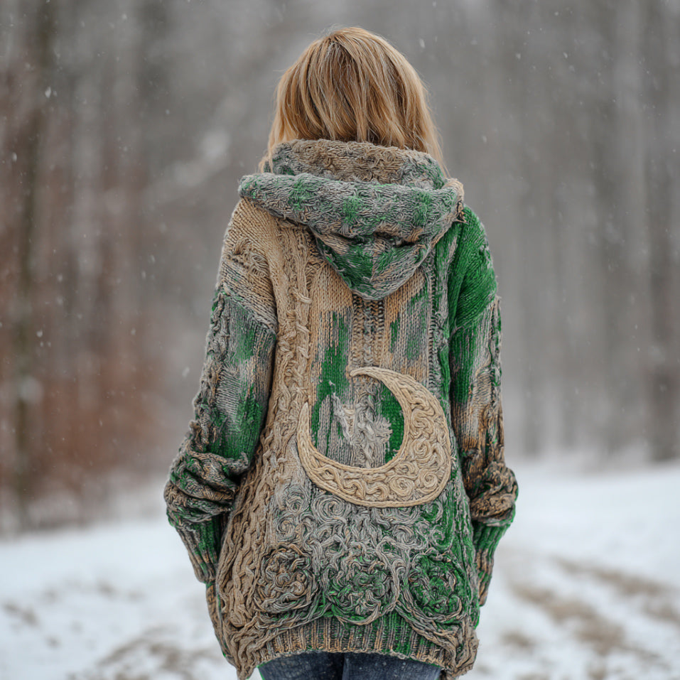 Women's Star And Moon Element Winter Warmth Knit Hooded Cardigan Sweater Jacket artswardrobe