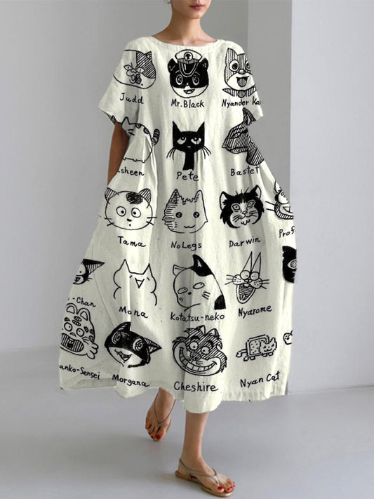 Cute Black Cat Print  Linen Blend Maxi Dress elevenforest