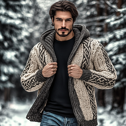 Men's Vintage Celtic Knot Jacquard Chunky Knit Cozy Zip Up Cardigan Sweater elevenforest