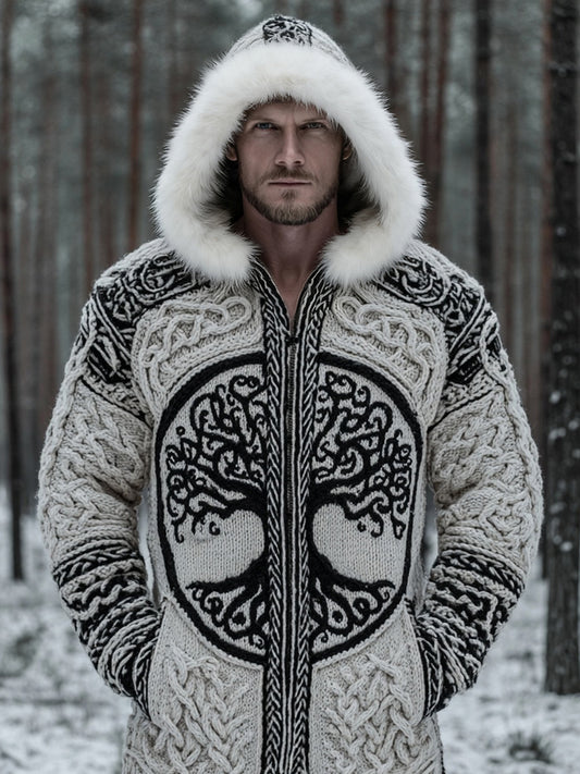 Men's Viking Tree Of Life Celtic Chunky Fur Trim Hooded Cardigan artswardrobe