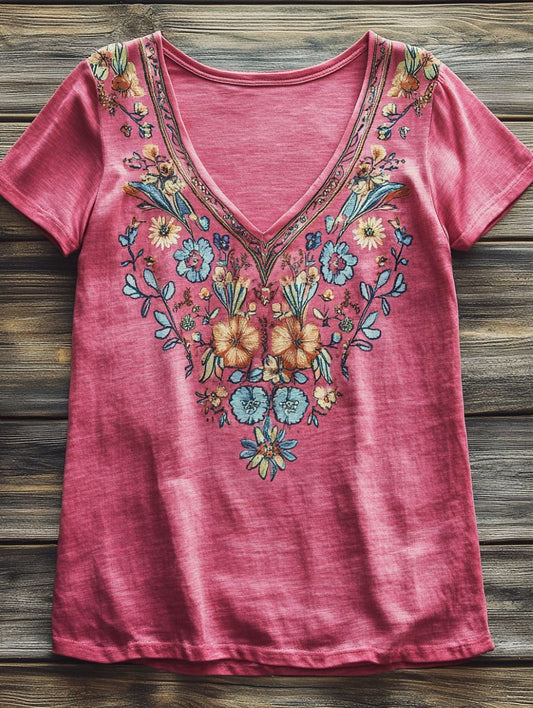 Women's Folk Flower Art Print V-neck Casual Cotton T-Shirt