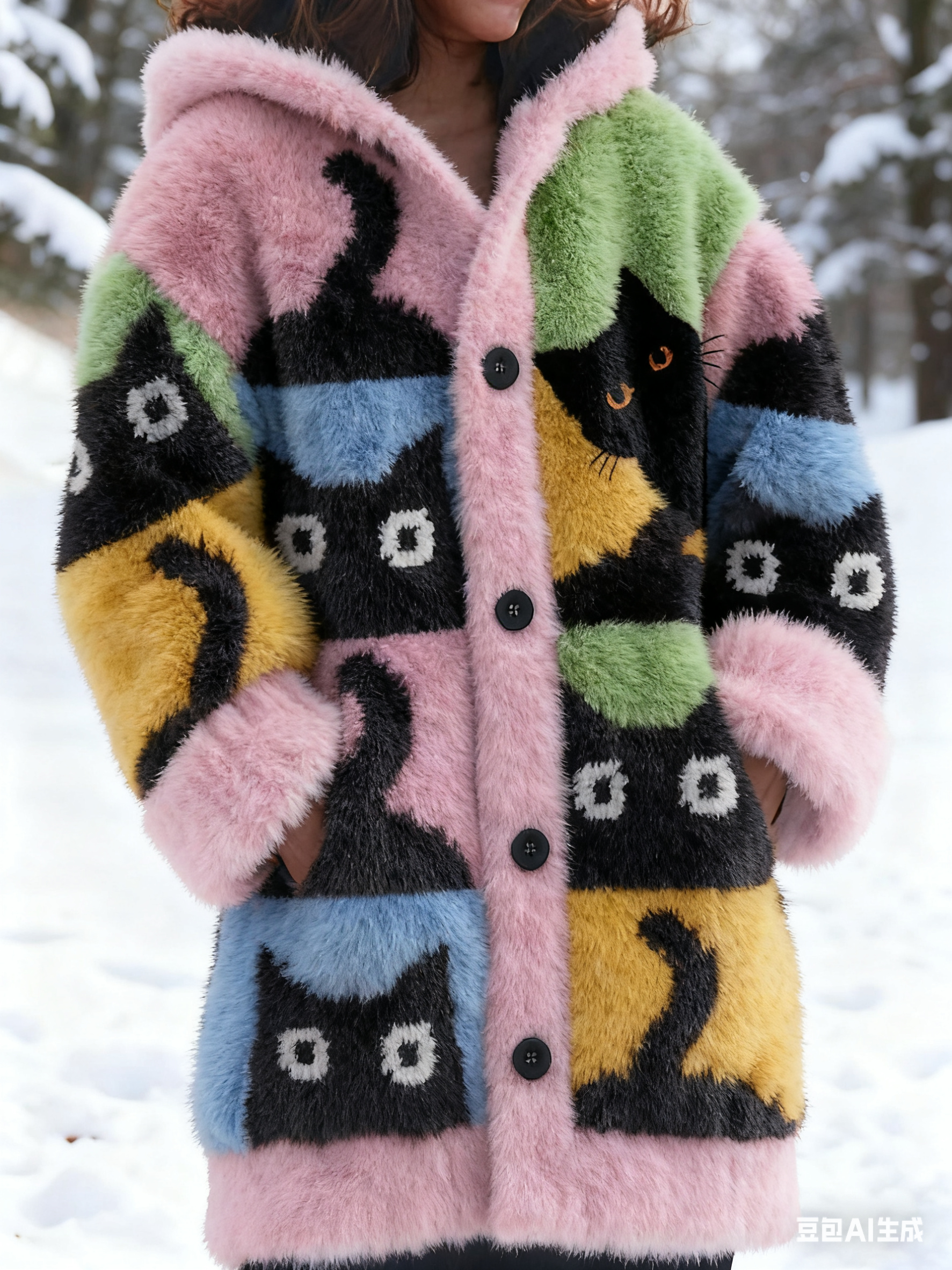 Cute Cozy Cats In Patchwork Art Cozy Knit Hooded Cardigan