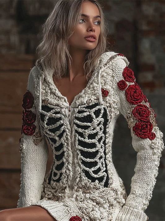 Halloween Skeleton & Floral Women's Hooded Zip-up Cardigan artswardrobe