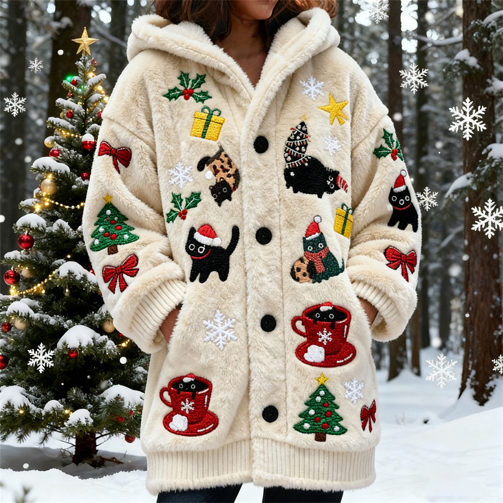 Comstylish Christmas Spooky Black Cat Art Women's Flannel Loungewear Coat