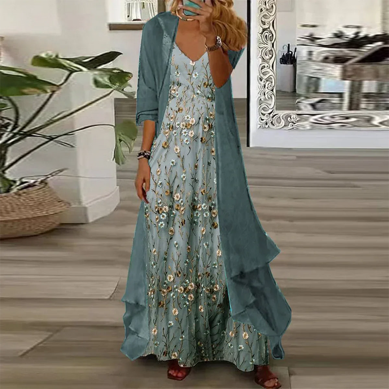 KS | Vestido largo juvenil con pequeño estampado floral y chaqueta fina, conjunto de dos piezas