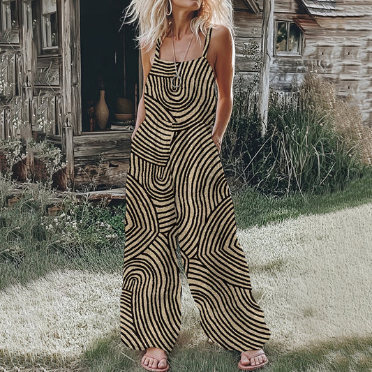 Vintage Stripe Pattern Women's Linen Blend Loose Fit Comfy Jumpsuit artswardrobe