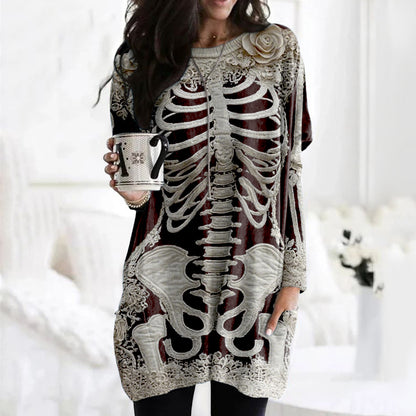 Comstylish Comstylish Women's Halloween Skeleton Bones With Rose Art Cozy Knit Turtleneck Mini Sweater Dress
