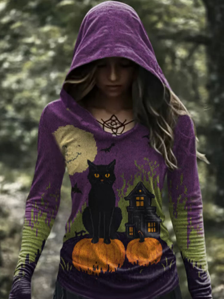 Comstylish Women's Halloween Cat Print Casual Hoodie