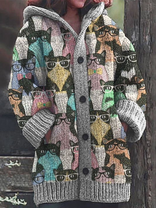 Colorful Cats Pattern Cozy Hooded Cardigan elevenforest
