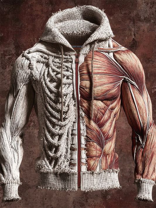 Men's Halloween Skeleton & Muscle Anatomy Full Zip Hooded Cardigan artswardrobe