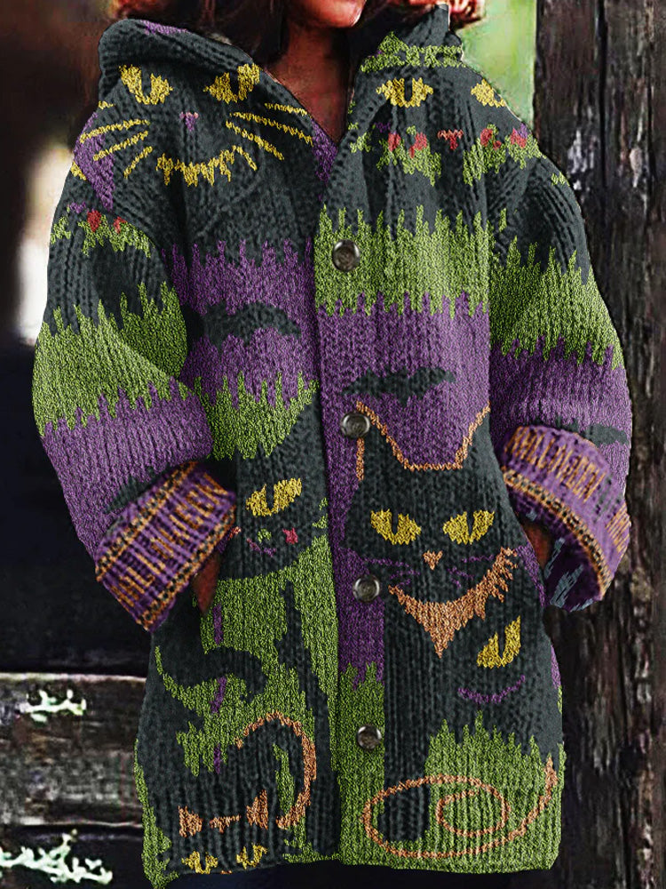 Women's Halloween Spooky Cat Embroidery Knitted Cardigan Sweater artswardrobe