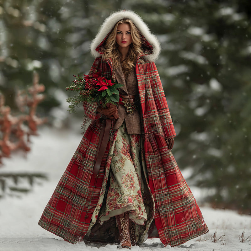 Comstylish Women's Christmas Scottish Classic Plaid Knit Hood With Fur Collar Coat