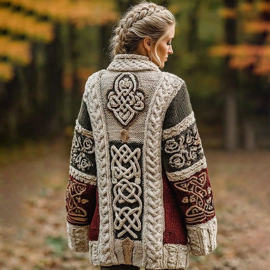 Women's Classic Celtic Knot Jacquard Contrast Lapel Cardigan elevenforest