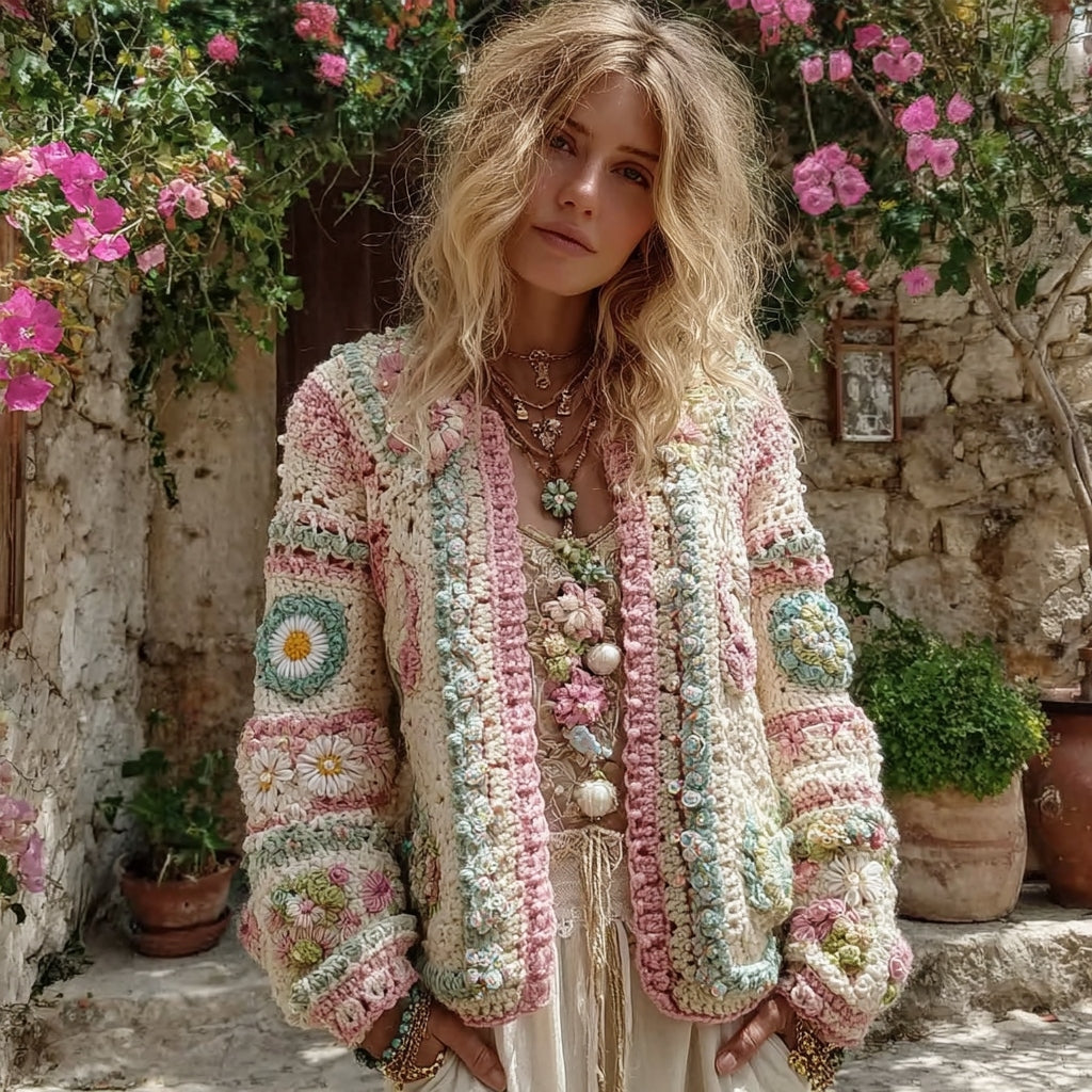 Women's Boho Colorblock Granny Check Chunky Knit Cardigan Sweater artswardrobe