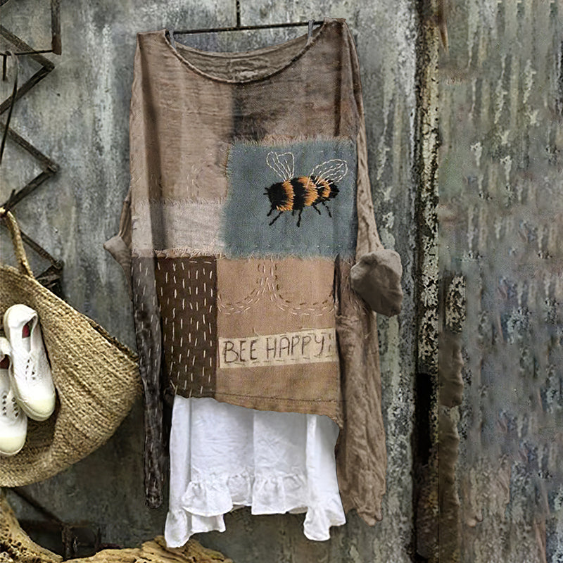 Retro Patchwork Bee Happy Embroidery Art Linen Blend Blouse artswardrobe
