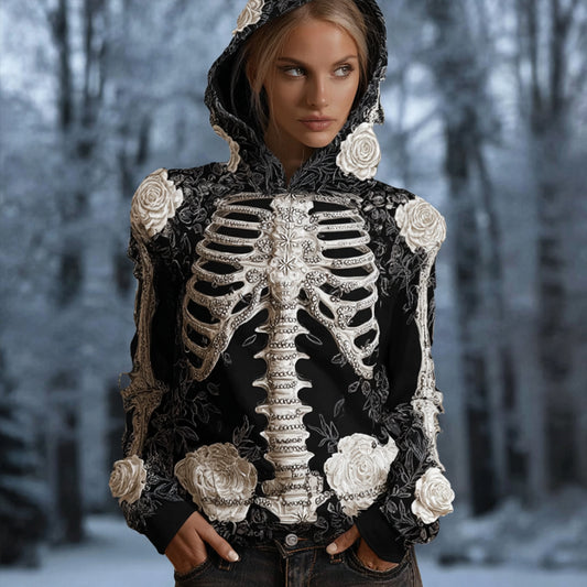 Comstylish Women's Halloween Skeleton Skeleton And Rose Aged Warm Hoodie