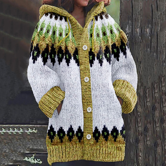 Retro Geometry Inspiration Icelandic Cozy Hooded Knitted Cardigan elevenforest
