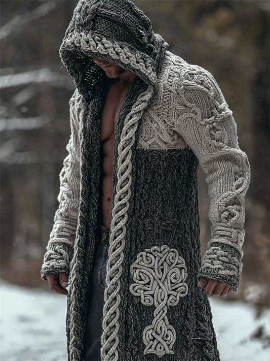 Men's Viking Tree Of Life Celtic Contrast Chunky Hooded Cardigan artswardrobe