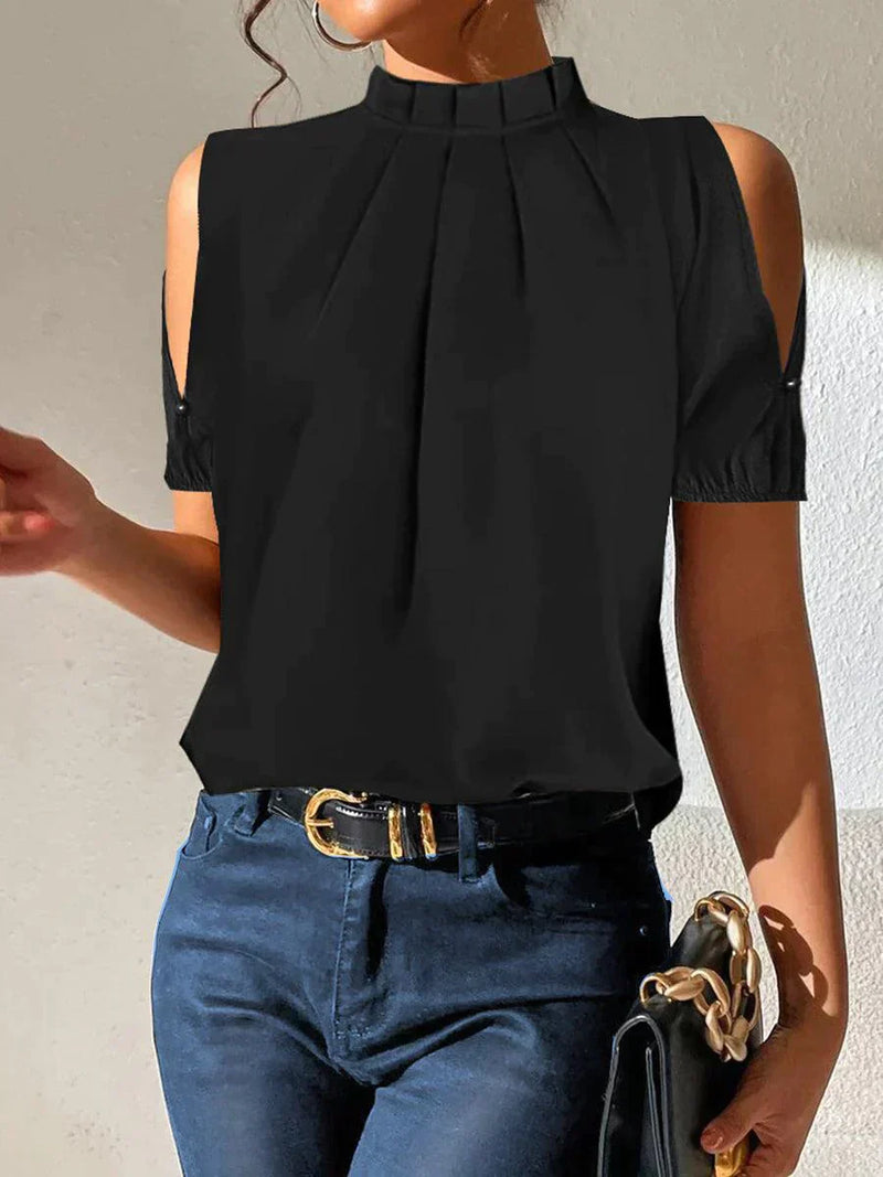 KL | Chic top negro plisado con mangas abiertas