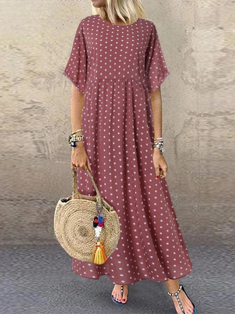 KL | Polka Dot Ladies Midi Dress Bohemian Holiday Short Sleeve O-Neck Long Robe Vintage Loose Casual A-line Vestidos Summer