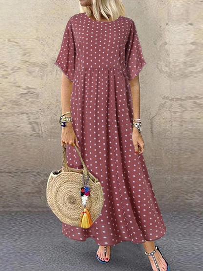 KL | Polka Dot Ladies Midi Dress Bohemian Holiday Short Sleeve O-Neck Long Robe Vintage Loose Casual A-line Vestidos Summer