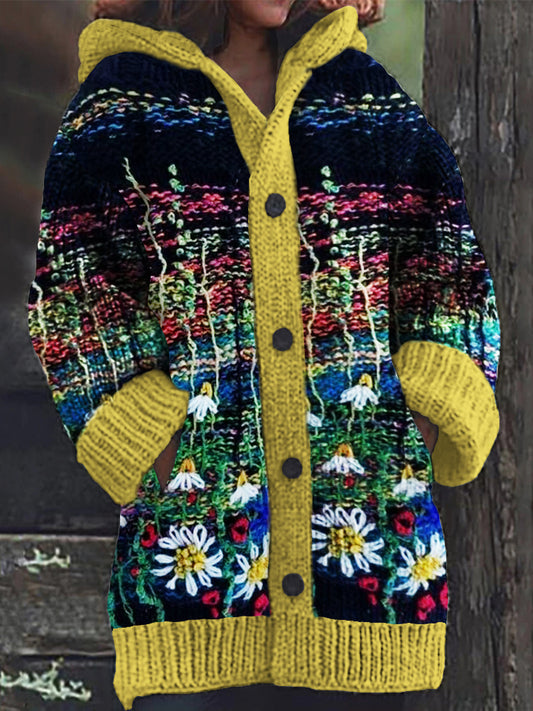 Vintage Art Knit Floral Women's Hooded Cardigan elevenforest
