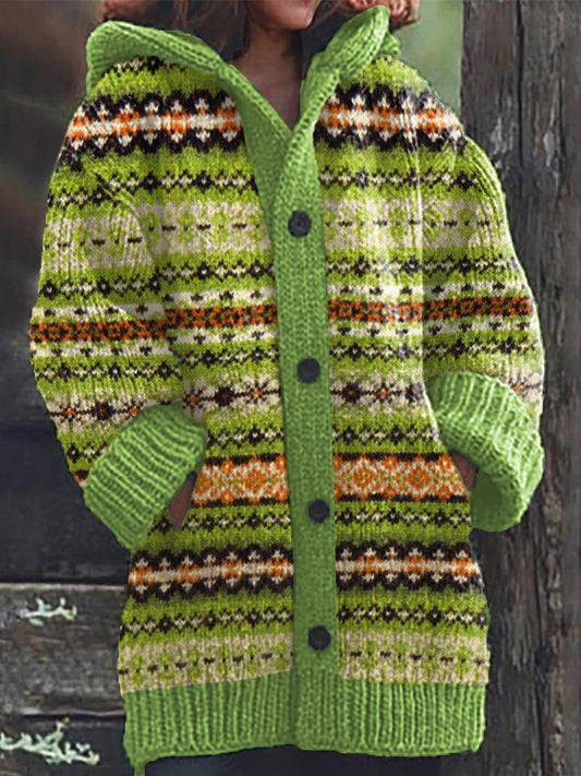 Vintage Green Jacquard Cozy Soft Knit Hooded Cardigan elevenforest