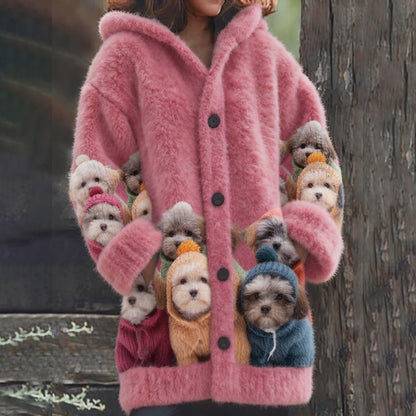 Comstylish Women's Cute Dog Pattern Cozy Hooded Sweater Cardigan