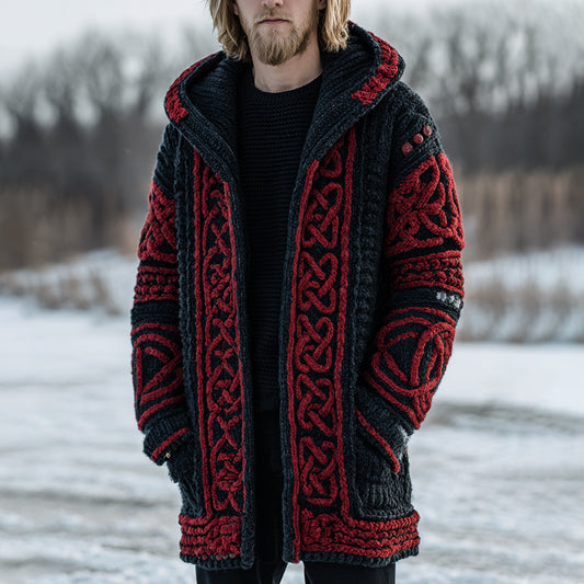 Men's Retro Celtic Knot Art Jacquard Chunky Knitted Cozy Hooded Cardigan artswardrobe