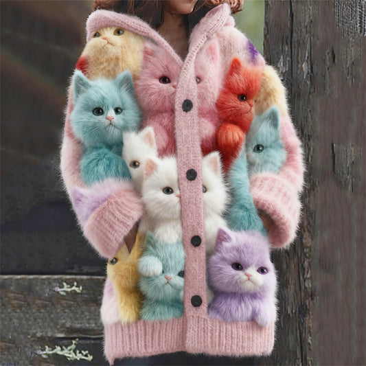 Comstylish Lovely Macaron Colorful Fuzzy Cats Cozy Hooded Cardigan