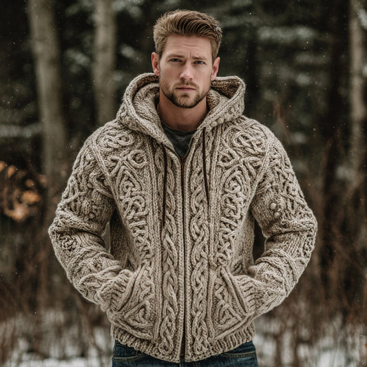 Men's Viking Celtic Knot Chunky Knit Hooded Sweater Cardigan artswardrobe