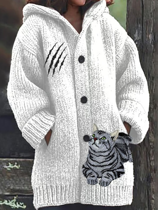 Women's Retro Funny Animal Cat Print Cozy Knitted Hoodie Jacket elevenforest