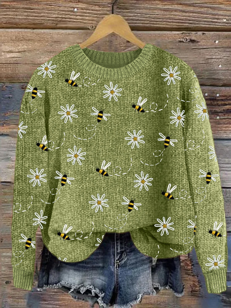 Jersey de punto con bordado de margaritas y abejas